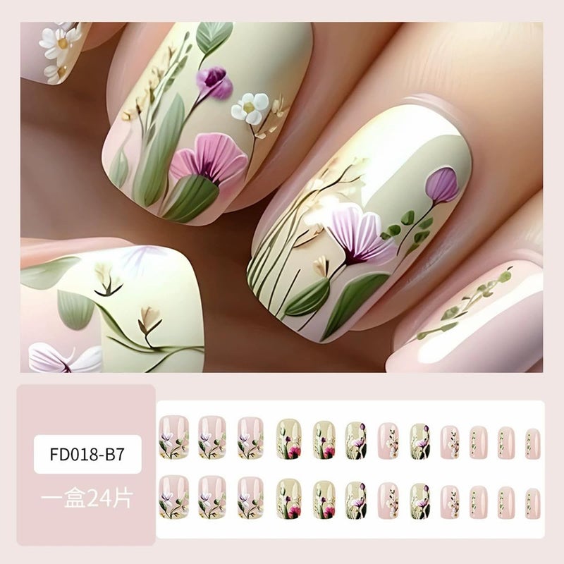 juggssa Spring Flower Press on Nails Short Square Fake Nails Glossy Pink Acrylic Nails Press on False Nails with Floral Designs Spring Summer Glue on Nails Short Stick on Nails for Women Nail Art Decor 24PCS - Image 4